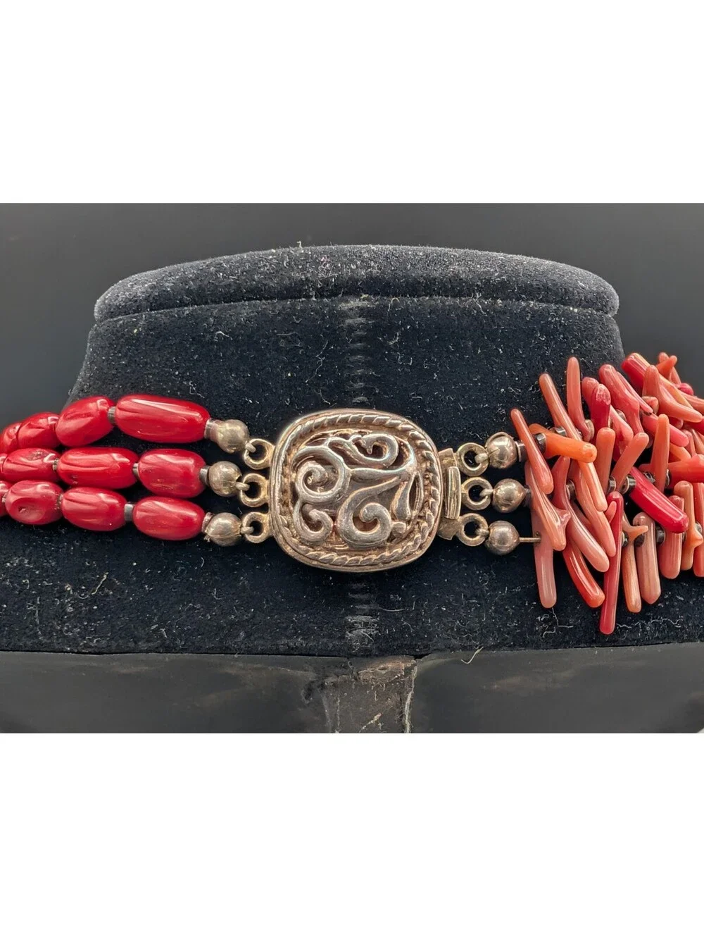 Vintage Large Turquoise Red Coral Branch 925 Sterling Silver Statement Necklace